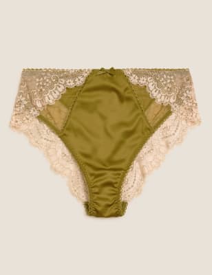 Womens Boutique Tanga taille haute en dentelle et satin - Chartreuse