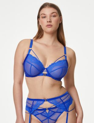 Boutique Womens Clara Wired Fishnet Plunge Bra (F-H) - 30G - Electric Blue, Electric Blue