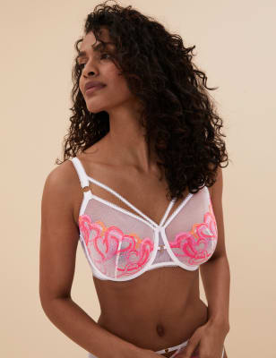 

Womens Boutique Heart Embroidery Underwired Minimiser Bra C-G - White Mix, White Mix