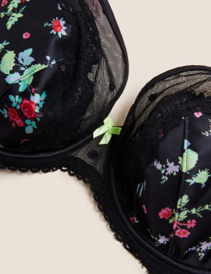 

Womens Boutique Emilia Satin Floral Wired Plunge Bra F-H - Black Mix, Black Mix