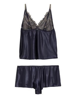 

Womens Boutique Kurzes Camisole-Set mit Stickerei „Astrid“ - Navy Mix, Navy Mix