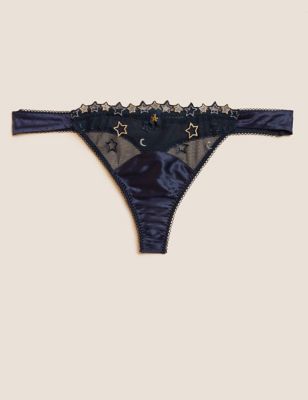 Boutique Womens Astrid Satin Embroidery Thong - 6 - Navy Mix, Navy Mix