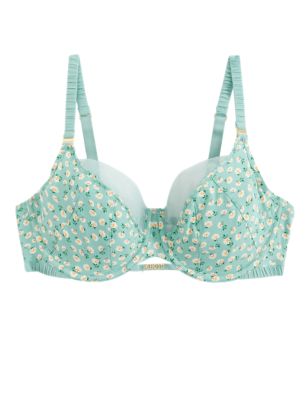 M&S X Ghost Womens Floral Print Wired Full Cup Bra A-E - 30A - Green Mix, Green Mix,Pink Mix