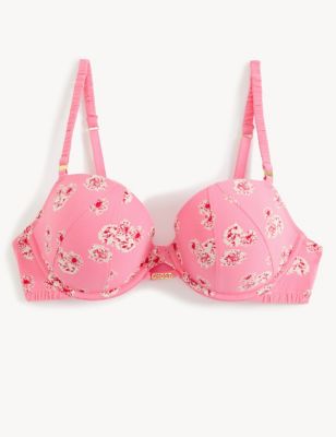 M&S X Ghost Womens Floral Print Wired Balcony Bra A-E - 30B - Pink Mix, Pink Mix,Green Mix