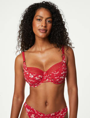 

Womens M&S X GHOST Tammy Floral Print Mesh Wired Full Cup Bra F-H - Dark Red Mix, Dark Red Mix