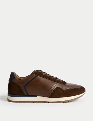 M&S Men's Leather Lace Up Trainers - 7 - Tan, Tan,Navy Mix