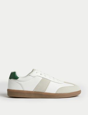 M&S Mens Leather Lace Up Trainers - 8 - White Mix, White Mix