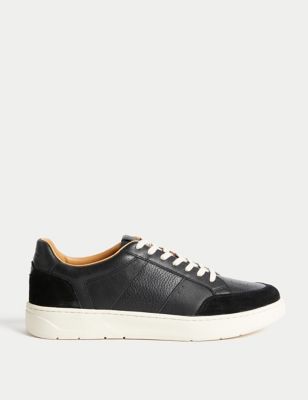 Autograph Men's Leather Lace Up Trainers with Freshfeet - 8 - Black Mix, Black Mix,White Mix