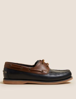 Mens M&S Collection Leather Boat Shoes - Navy Mix, Navy Mix
