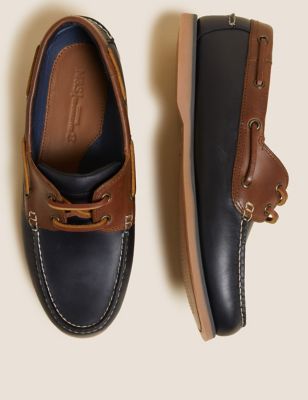 Mens M&S Collection Leather Boat Shoes - Navy Mix