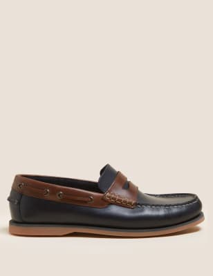 Mens M&S Collection Leather Slip-On Boat Shoes - Navy Mix, Navy Mix