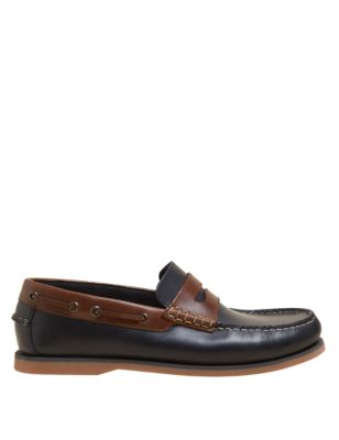 Mens M&S Collection Leather Slip-On Boat Shoes - Navy Mix