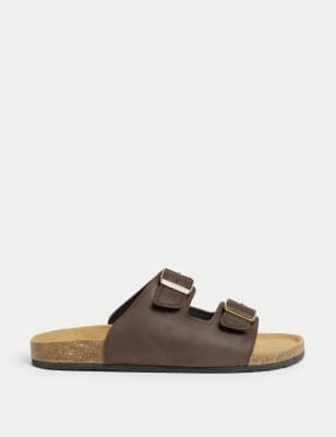 M&S Men's Leather Slip-On Sandals - 6 - Chocolate, Chocolate,Black