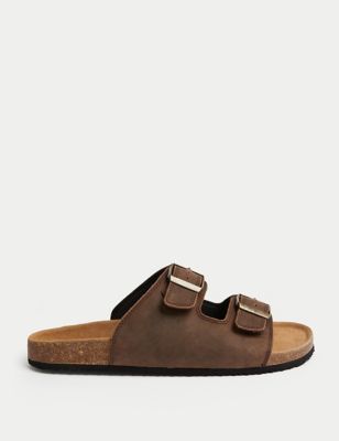 M&S Mens Leather Slip-On Sandals - 6 - Chocolate, Chocolate,Black