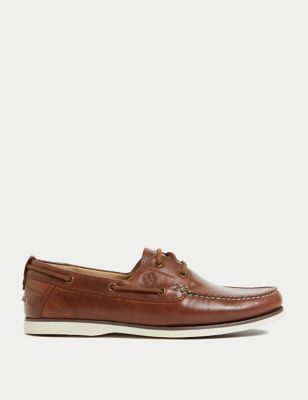 M&S Mens Leather Deck Shoes - 6 - Tan, Tan,Navy