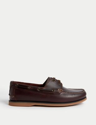 M&S Men's Wide Fit Leather Deck Shoes - 6 - Brown, Brown
