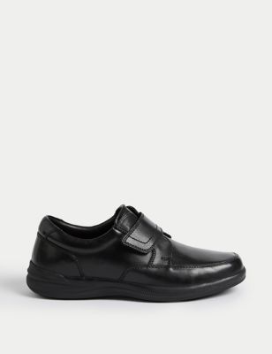 M&S Men's Wide Fit Airflex Leather Riptape Shoes - 8 - Black, Black