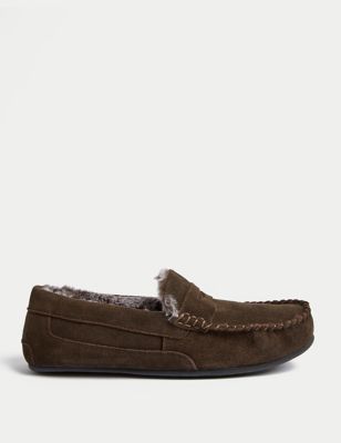 Marks And Spencer Mens M&S Collection Suede Slippers with Freshfeet - Dark Brown, Dark Brown
