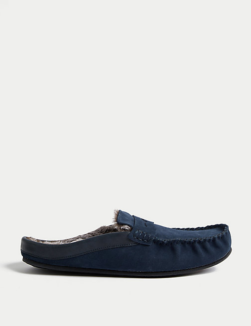 Marks And Spencer Mens M&S SARTORIAL Suede Fleece Lined Mule Moccasins - Navy, Navy