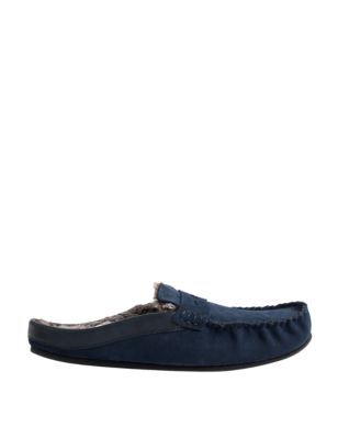 Mens M&S Collection Luxury Suede Fleece Lined Mule Moccasins - Navy
