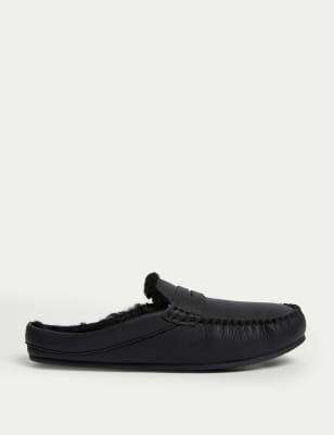 Autograph Men's Leather Moccasin Mule Slippers with Freshfeet - 7 - Black, Black