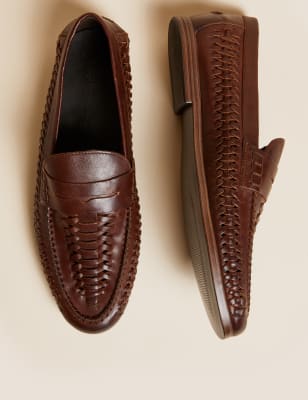 

Mens M&S Collection Leather Woven Slip-On Loafers - Brown, Brown