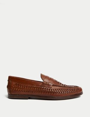 M&S Men's Leather Slip-On Loafers - 9.5 - Tan, Tan,Brown