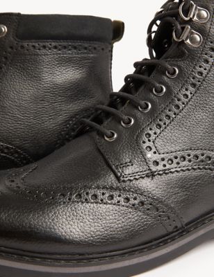 Mens M&S Collection Leather Brogue Boot - Black