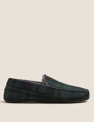 Marks And Spencer Mens M&S Collection Checked Moccasin Slippers with Freshfeet - Dark Green, Dark Green