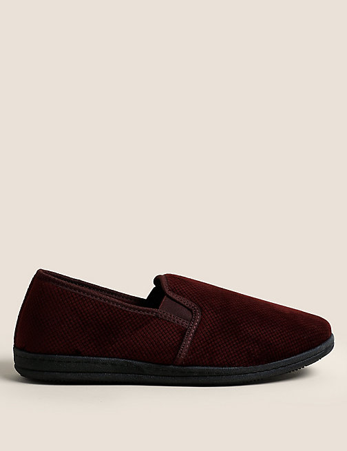 Marks And Spencer Mens M&S Collection Velour Slippers with Freshfeet - Burgundy, Burgundy