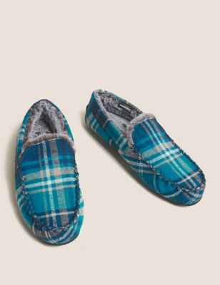 

Mens M&S Collection Checked Moccasin Slippers with Freshfeet™ - Teal Mix, Teal Mix