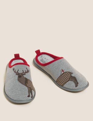 

Mens M&S Collection Stag Pattern Mule Slippers with Freshfeet™ - Grey, Grey