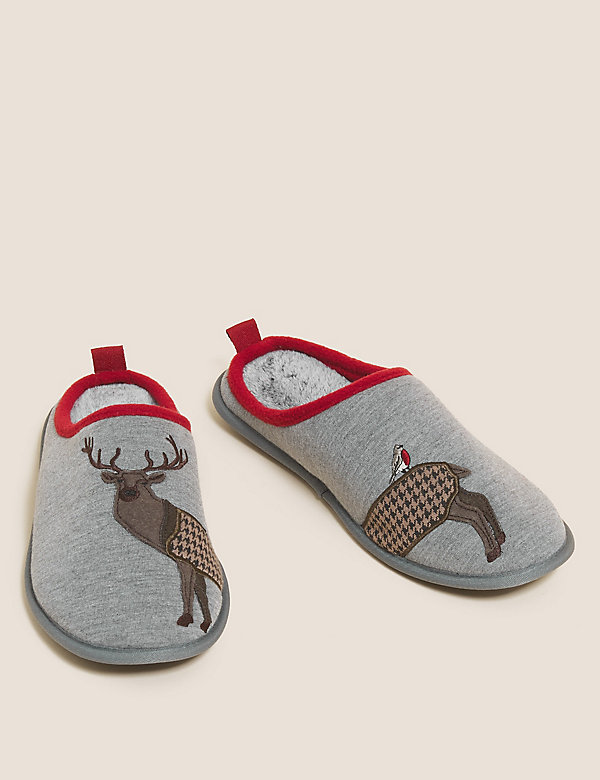 Stag Pattern Mule Slippers with Freshfeet™