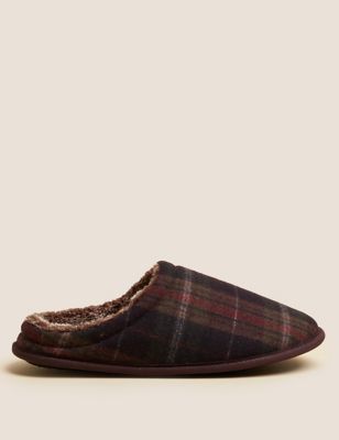 Marks And Spencer Mens M&S Collection Checked Mule Slippers with Freshfeet - Burgundy Mix, Burgundy Mix