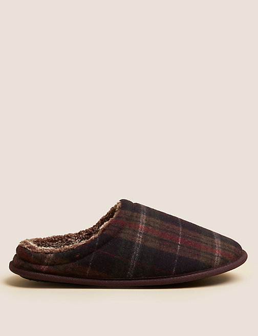 Marks And Spencer Mens M&S Collection Checked Mule Slippers with Freshfeet - Burgundy Mix, Burgundy Mix