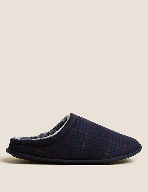 Marks And Spencer Mens M&S Collection Fleece Lined Checked Mule Slippers - Navy Mix