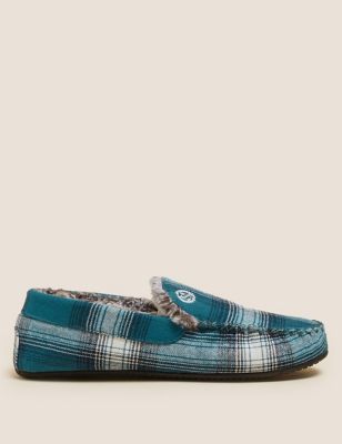 Marks And Spencer Mens M&S Collection Checked Moccasin Slippers with Freshfeet - Teal, Teal