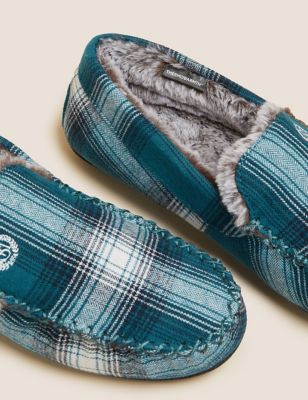 

Mens M&S Collection Checked Moccasin Slippers with Freshfeet™ - Teal, Teal