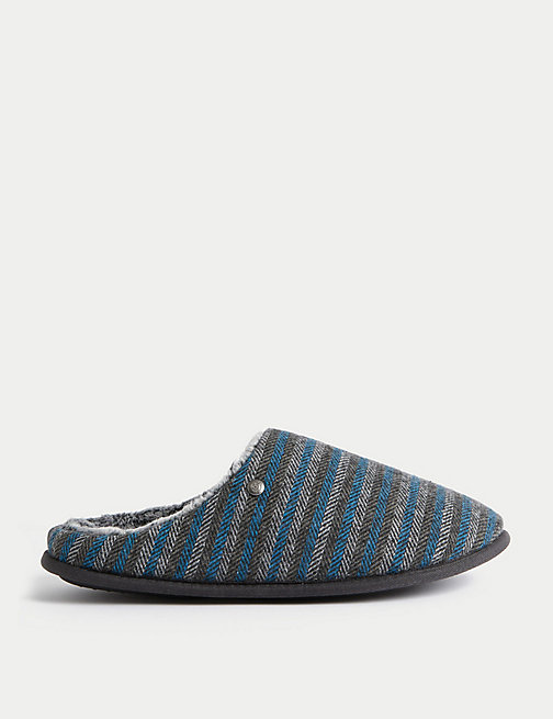 Marks And Spencer Mens M&S Collection Striped Mule Slippers with Freshfeet - Teal Mix, Teal Mix