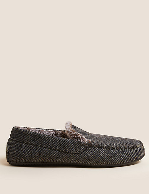 Marks And Spencer Mens M&S Collection Fleece Lined Moccasin Slippers - Charcoal, Charcoal