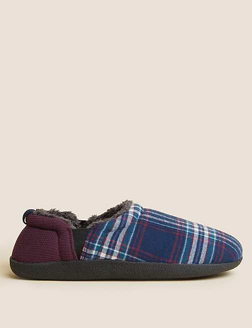 Marks And Spencer Mens M&S Collection Checked Slippers with Freshfeet - Navy Mix, Navy Mix