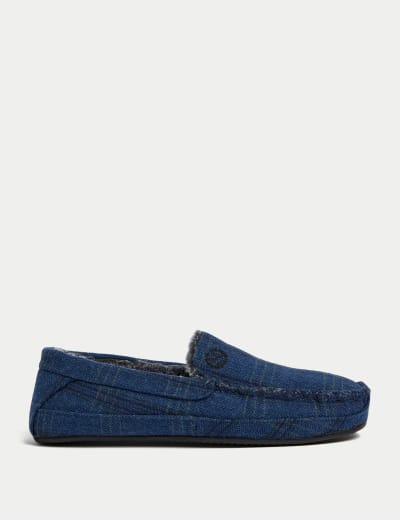 Fleece Lined Checked Moccasin Slippers