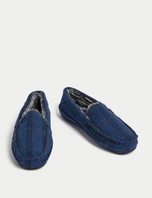 Fleece Lined Checked Moccasin Slippers M S Collection M S