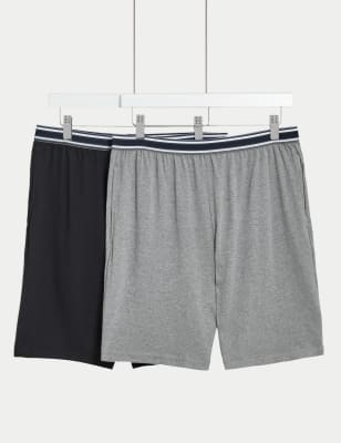 M&S Mens 2pk Pure Cotton Pyjama Shorts - Grey Mix, Grey Mix,Blue Mix