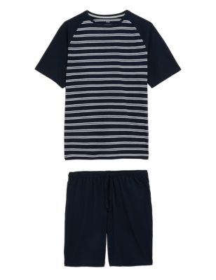 M&S Mens Pure Cotton Striped Pyjama Set - Navy Mix, Navy Mix