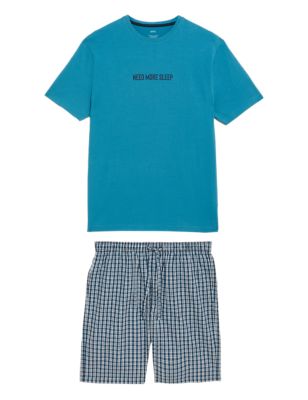 

Mens M&S Collection Pure Cotton Checked Slogan Pyjama Set - Teal Mix, Teal Mix