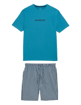 

Mens M&S Collection Pure Cotton Checked Slogan Pyjama Set - Teal Mix, Teal Mix