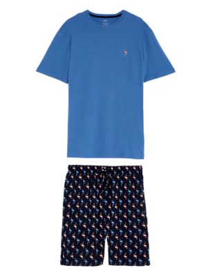 M&S Mens Pure Cotton Flamingo Pyjama Set - Blue Mix, Blue Mix