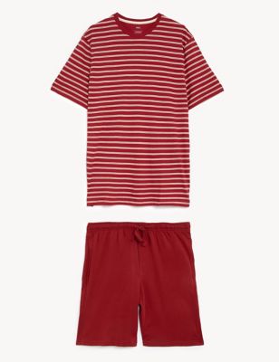 M&S Mens Pure Cotton Striped Pyjama Set - Red Mix, Red Mix
