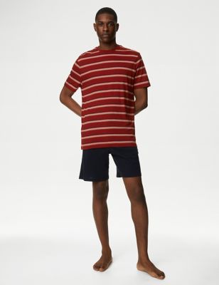 Set of 2 Pure Cotton Striped T-Shirt with Drawstring Shorts